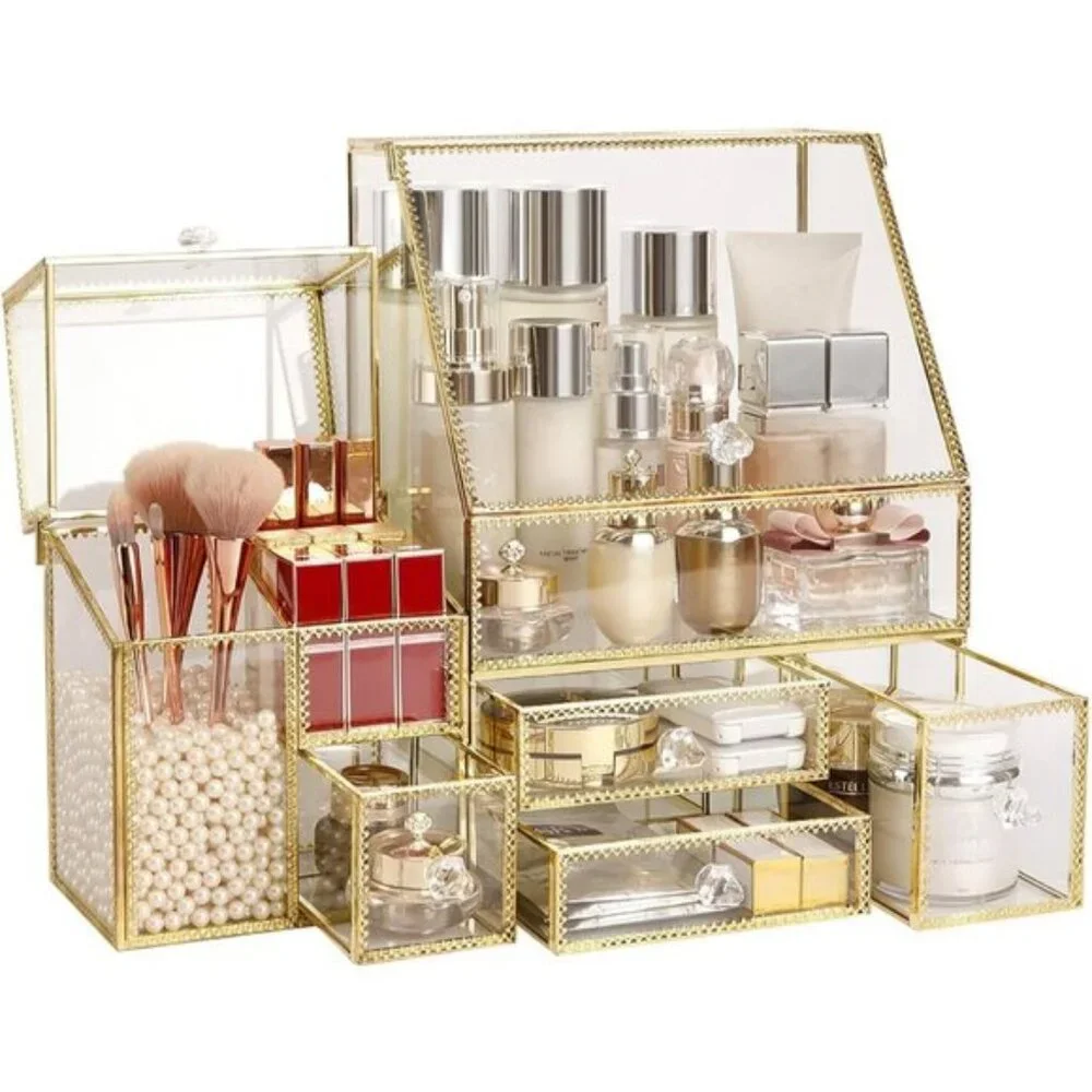 New Large Glass Makeup Organizer Drawer Set, 16In Beauty & Cosmetic Storage Box